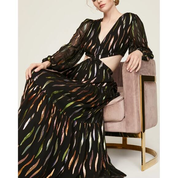 Shoshanna Black Metallic Ribbon Maxi Dress SIZE 6 Cut Out Balloon Sleeves $648 - Picture 5 of 11